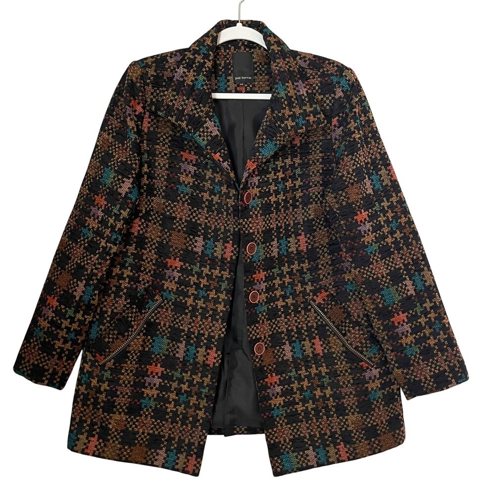 Paz Torras Women's Earthy Tones Textured Woven Pattern Blazer Size 44 / US 12-14